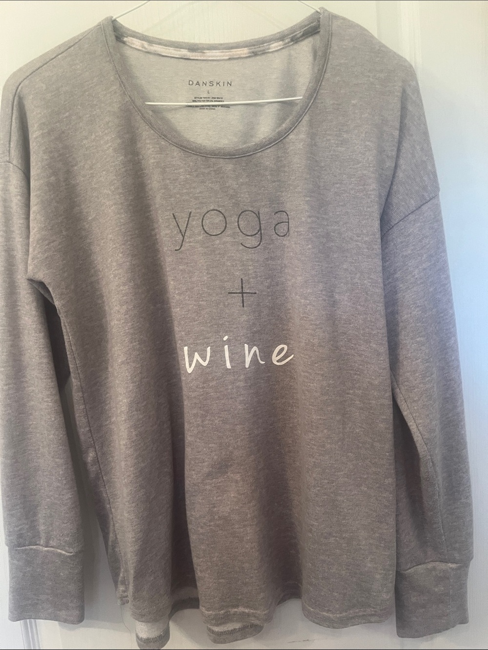 Danskin Gray Pullover Sweatshirt with "yoga + wine" Print